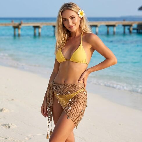 Fish Net Cover Up Skirt, Crochet Sarong Wraps for Women, Sexy Seashell Cover Up, Fishnet Triangle Shawl for Beach Swimsuits Green in Kuwait
