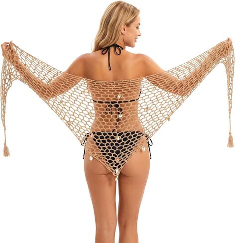 Fish Net Cover Up Skirt, Crochet Sarong Wraps for Women, Sexy Seashell Cover Up, Fishnet Triangle Shawl for Beach Swimsuits Green in Kuwait