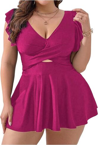 OYOANGLE Women's Plus Size Swimsuit Cover Up Cap Sleeve V Neck Ruffle Swim Dress Coverups in Kuwait