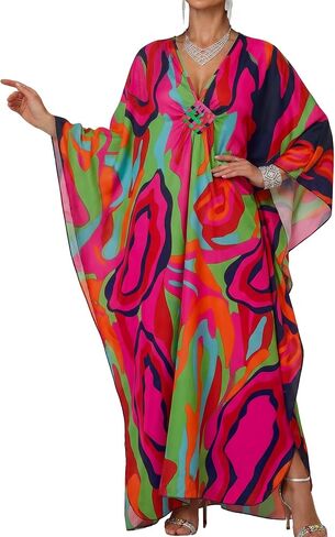 Bsubseach Kaftan Dresses for Women Colorful Print Plus Size Swimsuit Coverup Moo Moos Caftan with Pockets Vacation Outfits in Kuwait