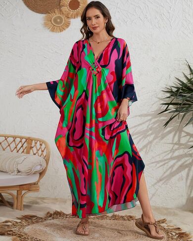 Bsubseach Kaftan Dresses for Women Colorful Print Plus Size Swimsuit Coverup Moo Moos Caftan with Pockets Vacation Outfits in Kuwait