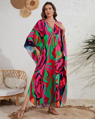 Bsubseach Kaftan Dresses for Women Colorful Print Plus Size Swimsuit Coverup Moo Moos Caftan with Pockets Vacation Outfits in Kuwait