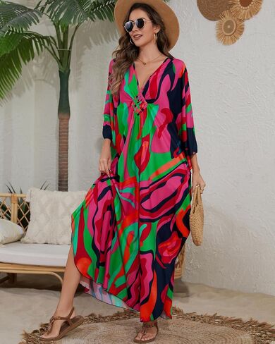 Bsubseach Kaftan Dresses for Women Colorful Print Plus Size Swimsuit Coverup Moo Moos Caftan with Pockets Vacation Outfits in Kuwait