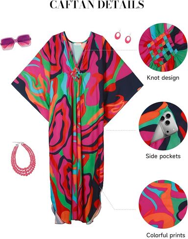 Bsubseach Kaftan Dresses for Women Colorful Print Plus Size Swimsuit Coverup Moo Moos Caftan with Pockets Vacation Outfits in Kuwait