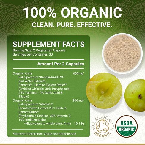Organic Amla Capsules – Vitamin C | USDA Organic Certified | Whole Food Plant Based Vitamin C | Amalaki Supplement | Derived from Amla Fruit | Indian Gooseberry | Vegan | Ayurveda | 60 Amala Pills in Kuwait