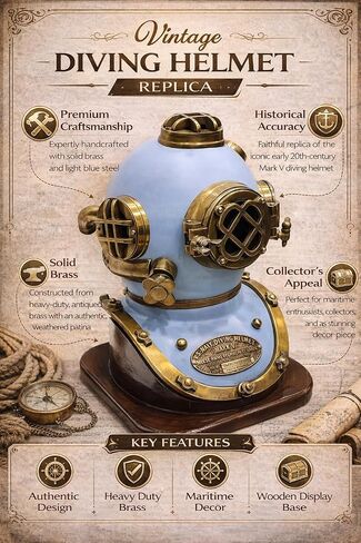 Nautical Us Navy Mark V Helmet with Base Full Size 18'' Vintage Antique Blue Diving Divers in Kuwait