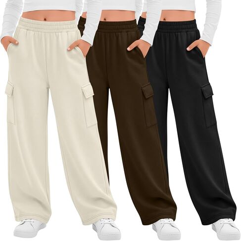 3 Pack Girls Sweatpants Kids Wide Leg Cargo Pants Casual Teen Girls Open Bottom Loose Joggers Pants with Pockets in Kuwait