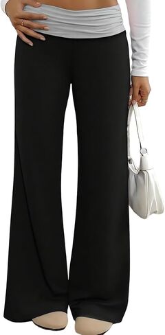 Girl's Wide Leg Pants Fold Over Wide Leg Sweatpants Contrast ColorCasual Loose Flare Leggings Bell Bottoms in Kuwait