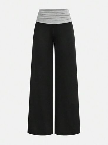 Girl's Wide Leg Pants Fold Over Wide Leg Sweatpants Contrast ColorCasual Loose Flare Leggings Bell Bottoms in Kuwait