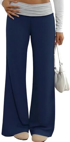 Girl's Wide Leg Pants Fold Over Wide Leg Sweatpants Contrast ColorCasual Loose Flare Leggings Bell Bottoms in Kuwait
