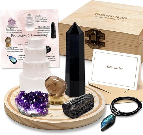 Protection Crystals and Healing Stones Gift Set — Black Tourmaline, Obsidian, Selenite, Labradorite Necklace, Smoky Quartz, Amethyst for Negative Energy & Spiritual Cleansing, Wooden Gift Box in Saudi Arabia