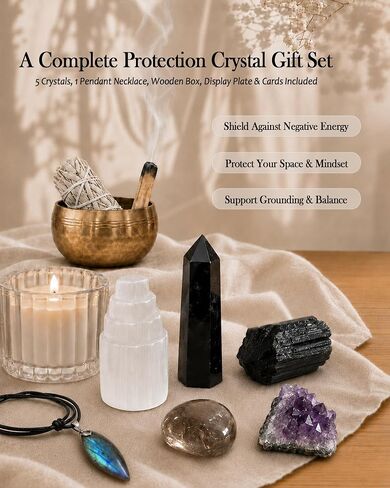 Protection Crystals and Healing Stones Gift Set — Black Tourmaline, Obsidian, Selenite, Labradorite Necklace, Smoky Quartz, Amethyst for Negative Energy & Spiritual Cleansing, Wooden Gift Box in Saudi Arabia