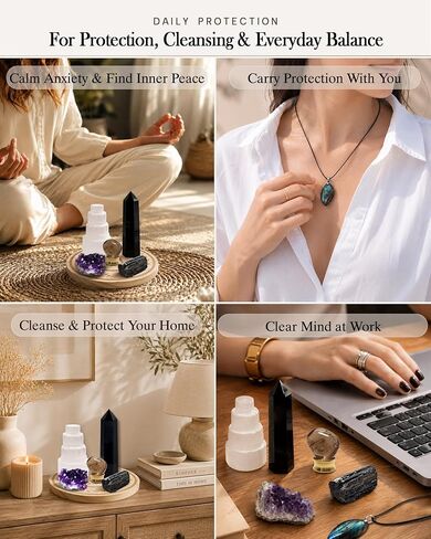 Protection Crystals and Healing Stones Gift Set — Black Tourmaline, Obsidian, Selenite, Labradorite Necklace, Smoky Quartz, Amethyst for Negative Energy & Spiritual Cleansing, Wooden Gift Box in Saudi Arabia