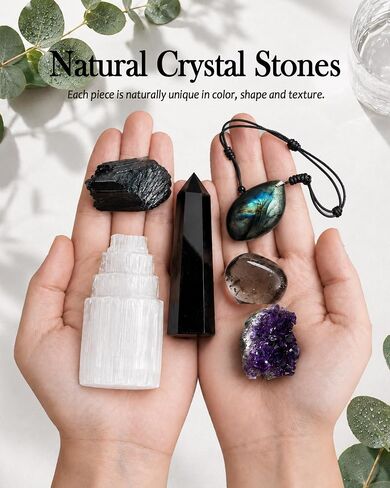 Protection Crystals and Healing Stones Gift Set — Black Tourmaline, Obsidian, Selenite, Labradorite Necklace, Smoky Quartz, Amethyst for Negative Energy & Spiritual Cleansing, Wooden Gift Box in Saudi Arabia