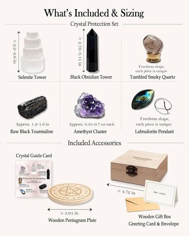 Protection Crystals and Healing Stones Gift Set — Black Tourmaline, Obsidian, Selenite, Labradorite Necklace, Smoky Quartz, Amethyst for Negative Energy & Spiritual Cleansing, Wooden Gift Box in Saudi Arabia