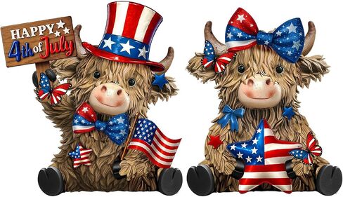 2 Pack 4th of July Patriotic Highland Cow Decorations Memorial Day Highland Cow Resin Figurine Statue Red White Blue 250th Anniversary Gnomes Gifts for Independence Day Garden Table Home Decor in Kuwait