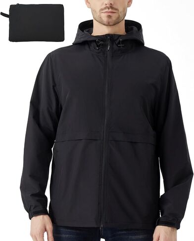 Men's Lightweight Jacket Windbreaker Packable Hooded Raincoat for Hiking Outdoor with Zippered Pocket in Saudi Arabia