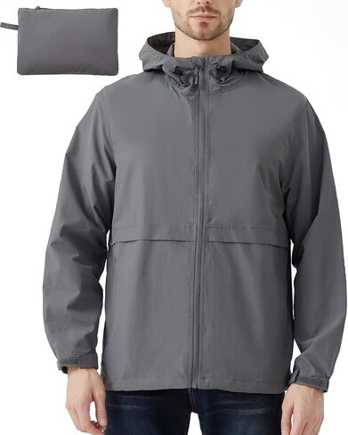 Men's Lightweight Jacket Windbreaker Packable Hooded Raincoat for Hiking Outdoor with Zippered Pocket in Saudi Arabia