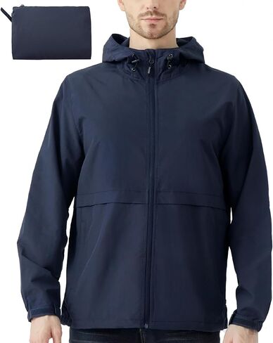 Men's Lightweight Jacket Windbreaker Packable Hooded Raincoat for Hiking Outdoor with Zippered Pocket in Saudi Arabia