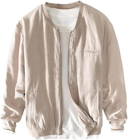 GYori Breathable Linen Men's Lightweight Bomber Jacket Causal Varsity Flight Windbreaker Track Jackets Zip Up Coat in Saudi Arabia
