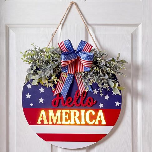 Dingion 4th of July Wreath with Lights for Front Door Patriotic Door Hanger Hello America Wooden Sign Independence Day Plaque Red White Blue Decor for 250th Porch Wall Window Outdoor Decoration in Kuwait