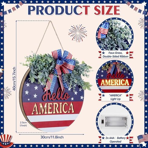 Dingion 4th of July Wreath with Lights for Front Door Patriotic Door Hanger Hello America Wooden Sign Independence Day Plaque Red White Blue Decor for 250th Porch Wall Window Outdoor Decoration in Kuwait