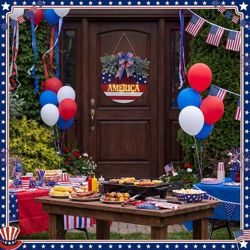 Dingion 4th of July Wreath with Lights for Front Door Patriotic Door Hanger Hello America Wooden Sign Independence Day Plaque Red White Blue Decor for 250th Porch Wall Window Outdoor Decoration in Kuwait