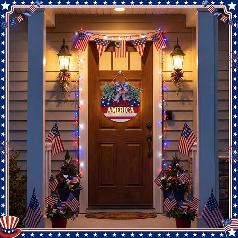 Dingion 4th of July Wreath with Lights for Front Door Patriotic Door Hanger Hello America Wooden Sign Independence Day Plaque Red White Blue Decor for 250th Porch Wall Window Outdoor Decoration in Kuwait