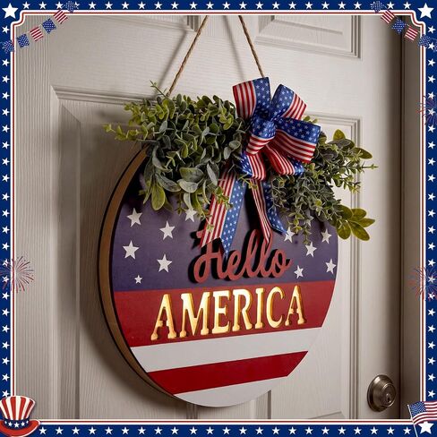 Dingion 4th of July Wreath with Lights for Front Door Patriotic Door Hanger Hello America Wooden Sign Independence Day Plaque Red White Blue Decor for 250th Porch Wall Window Outdoor Decoration in Kuwait