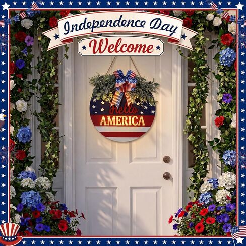 Dingion 4th of July Wreath with Lights for Front Door Patriotic Door Hanger Hello America Wooden Sign Independence Day Plaque Red White Blue Decor for 250th Porch Wall Window Outdoor Decoration in Kuwait
