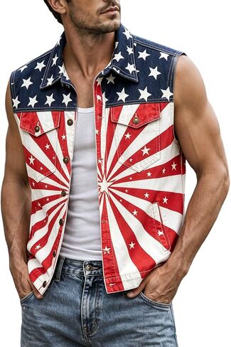 Men's American Flag Twill Vest Patriotic 4th of July Shirts Vest for Men Button up Lightweight Retro Sleeveless Jacket in Kuwait