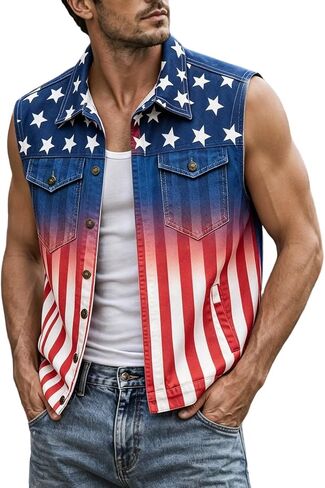 Men's American Flag Twill Vest Patriotic 4th of July Shirts Vest for Men Button up Lightweight Retro Sleeveless Jacket in Kuwait