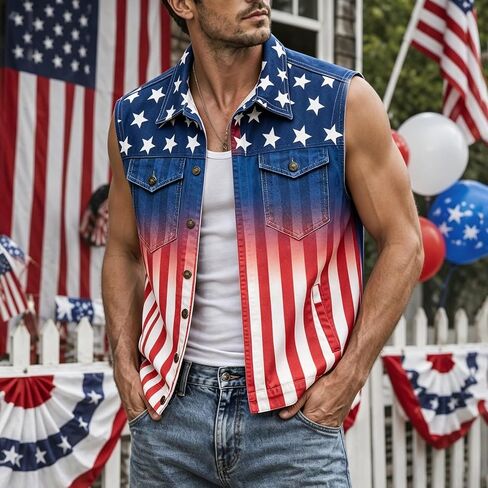 Men's American Flag Twill Vest Patriotic 4th of July Shirts Vest for Men Button up Lightweight Retro Sleeveless Jacket in Kuwait
