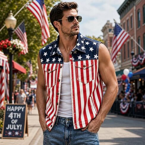 Men's American Flag Twill Vest Patriotic 4th of July Shirts Vest for Men Button up Lightweight Retro Sleeveless Jacket in Kuwait