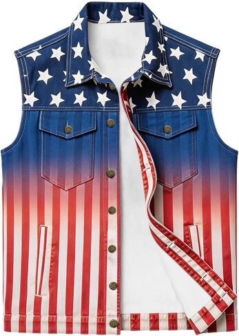 Men's American Flag Twill Vest Patriotic 4th of July Shirts Vest for Men Button up Lightweight Retro Sleeveless Jacket in Kuwait