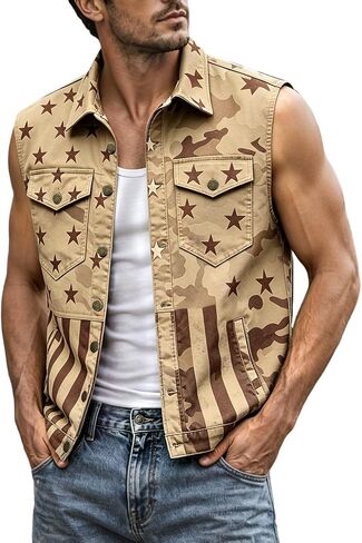 Men's American Flag Twill Vest Patriotic 4th of July Shirts Vest for Men Button up Lightweight Retro Sleeveless Jacket in Kuwait