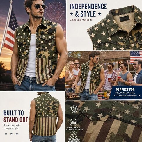 Men's American Flag Twill Vest Patriotic 4th of July Shirts Vest for Men Button up Lightweight Retro Sleeveless Jacket in Kuwait