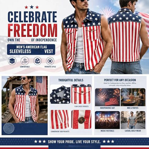 Men's American Flag Twill Vest Patriotic 4th of July Shirts Vest for Men Button up Lightweight Retro Sleeveless Jacket in Kuwait