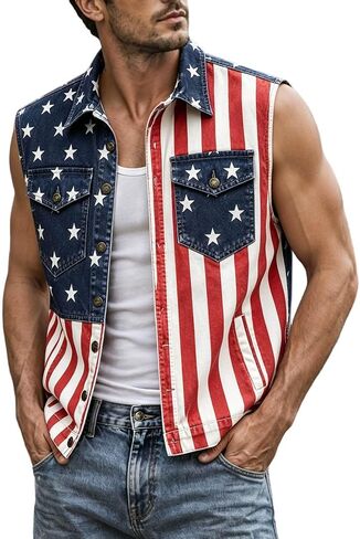 Men's American Flag Twill Vest Patriotic 4th of July Shirts Vest for Men Button up Lightweight Retro Sleeveless Jacket in Kuwait