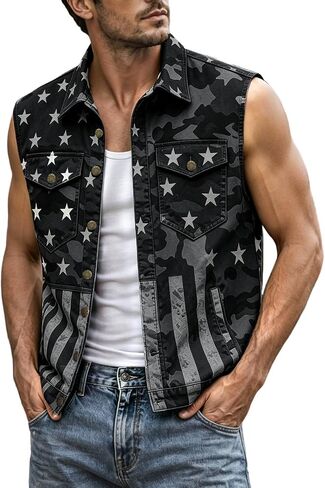 Men's American Flag Twill Vest Patriotic 4th of July Shirts Vest for Men Button up Lightweight Retro Sleeveless Jacket in Kuwait
