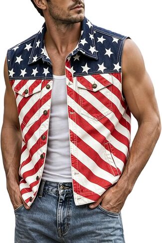 Men's American Flag Twill Vest Patriotic 4th of July Shirts Vest for Men Button up Lightweight Retro Sleeveless Jacket in Kuwait