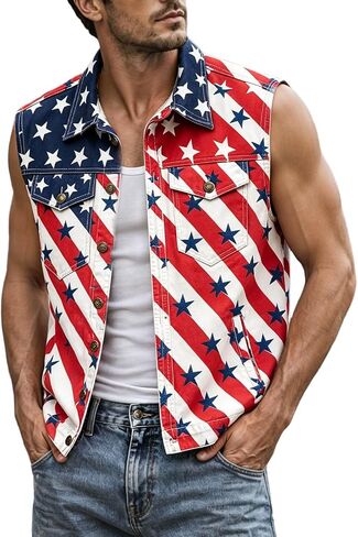 Men's American Flag Twill Vest Patriotic 4th of July Shirts Vest for Men Button up Lightweight Retro Sleeveless Jacket in Kuwait