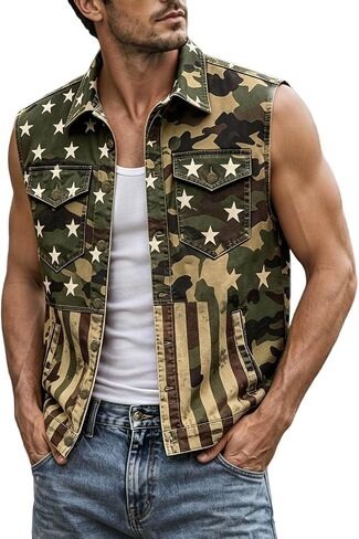 Men's American Flag Twill Vest Patriotic 4th of July Shirts Vest for Men Button up Lightweight Retro Sleeveless Jacket in Kuwait