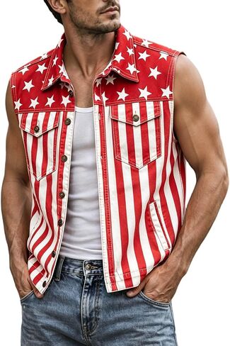 Men's American Flag Twill Vest Patriotic 4th of July Shirts Vest for Men Button up Lightweight Retro Sleeveless Jacket in Kuwait