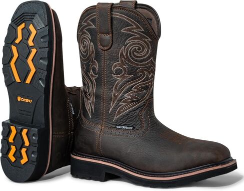 Waterproof Steel Toe Work Boots for Men - Cowboy Boots Square Toe,Botas De Trabajo Para Hombre,Goodyear,Slip On,Full-Grain Leather Boot Brown in Saudi Arabia