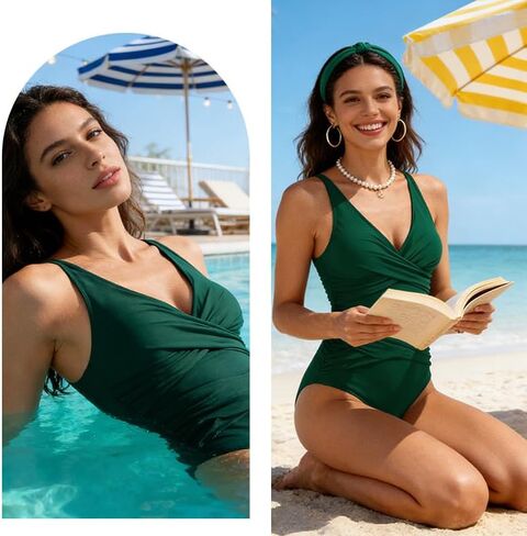 Womens Swimsuits, One Piece Swimsuit with Adjustable Straps & Built-in Bra, Ruching Design Athletic Bathing Suit, Green, S-L in Kuwait
