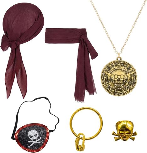 Pirate Costume Men, Mens Pirate Costume, 6-Piece Pirate Accessories Men Set, Pirate Hat with Bandana and Belt, Eye Patch, Earring, Ring for Pirate Theme Party, Halloween Costume in Saudi Arabia