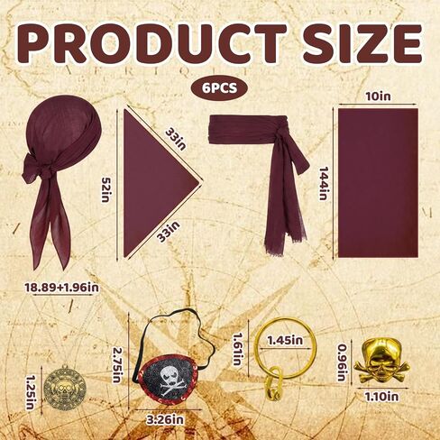 Pirate Costume Men, Mens Pirate Costume, 6-Piece Pirate Accessories Men Set, Pirate Hat with Bandana and Belt, Eye Patch, Earring, Ring for Pirate Theme Party, Halloween Costume in Saudi Arabia
