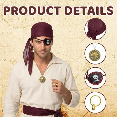 Pirate Costume Men, Mens Pirate Costume, 6-Piece Pirate Accessories Men Set, Pirate Hat with Bandana and Belt, Eye Patch, Earring, Ring for Pirate Theme Party, Halloween Costume in Saudi Arabia