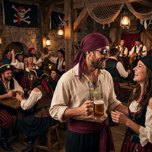 Pirate Costume Men, Mens Pirate Costume, 6-Piece Pirate Accessories Men Set, Pirate Hat with Bandana and Belt, Eye Patch, Earring, Ring for Pirate Theme Party, Halloween Costume in Saudi Arabia